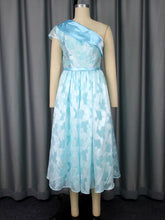 Elegant One Shoulder Jacquard Belted Midi Dress